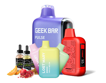 Collection of vape products including Geek Bar Pulse, Lost Mary disposable vapes, Tyson Knockout vape, and e-liquid bottles.
