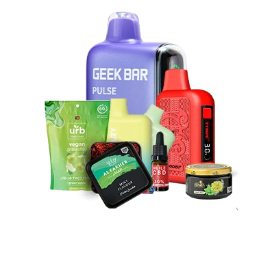 Assortment of smoking and detox products including loose tobacco, detox drink, vape pen, USB charger, and Quick Fix synthetic urine kit.
