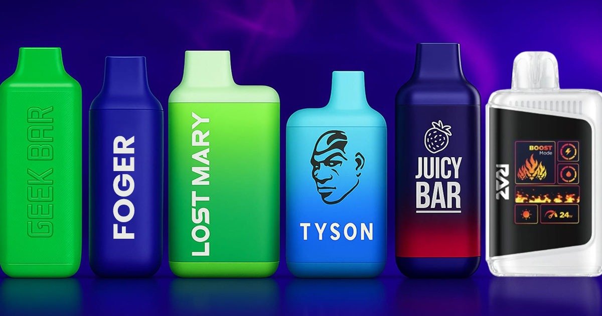 A variety of flavored e-cigarettes, showcasing brands like GeekBar and Raz, highlighting popular nicotine vape options.
