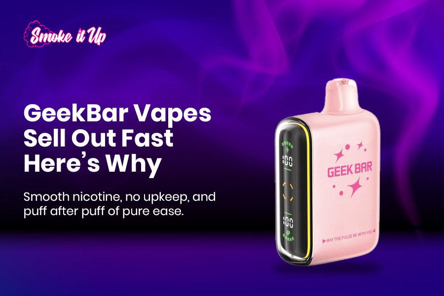 Image shows a vape shop called "Geekbar" that sells vaping products quickly, highlighting the popularity of the store.