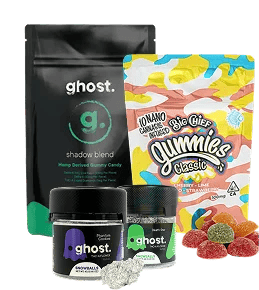 Assorted cannabis products including 3Chi Delta 8 tincture, Big Chief Live Resin, cannabis flower jars, and packaging.