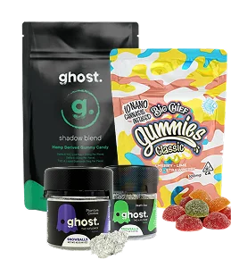 Assorted cannabis products including 3Chi Delta 8 tincture, Big Chief Live Resin, cannabis flower jars, and packaging.