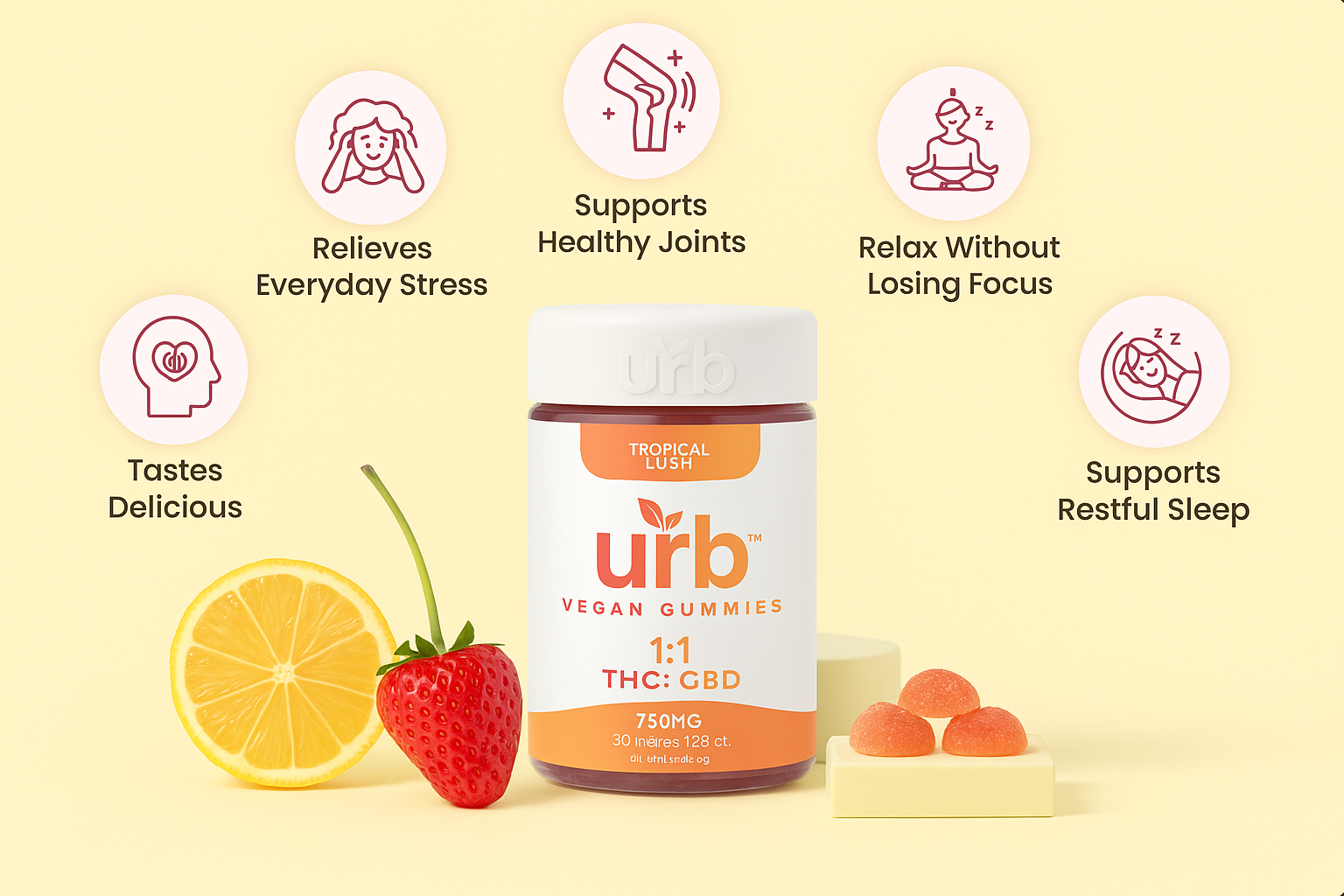 Ingredients of UBB displayed on a bright yellow background, highlighting the appeal of CBD gummies for relief.