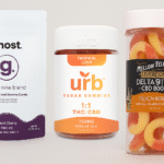 A collection of products featuring a bottle of CBD gummies, highlighting pain relief benefits and dosage information.