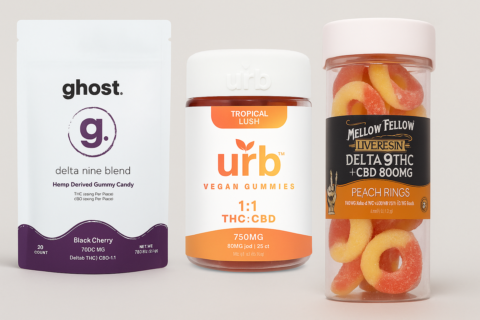 A collection of products featuring a bottle of CBD gummies, highlighting pain relief benefits and dosage information.
