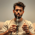 A man lounges on a couch, smoking a hookah, surrounded by a cozy environment.
