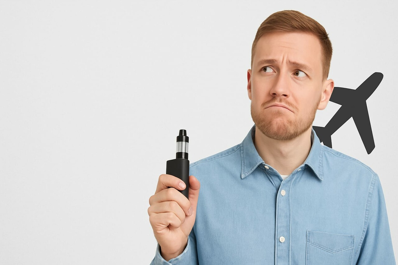 A man with a vape in his hand, having a puzzled expression, with an airplane graphic behind him