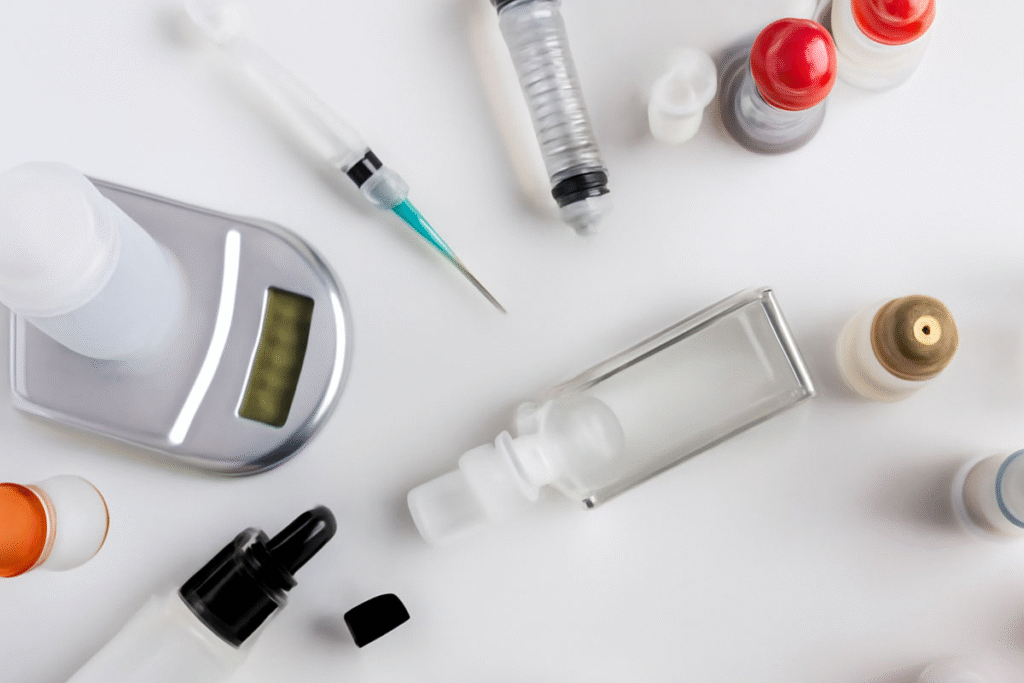 A collection of various medicines and supplies needed for DIY vape juice preparation.