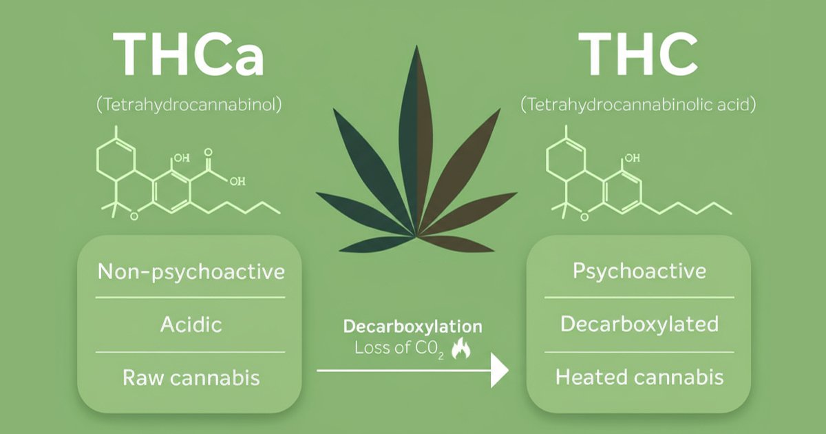 Visual guide showing the distinctions between THCA and THC, including their chemical makeup and psychoactive effects.