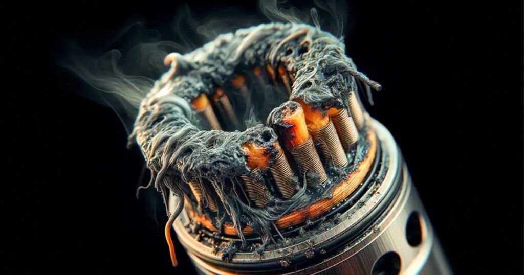 Close-up image of a vape with smoke rising from the tip, illustrating the burn and vapor effect inside.
