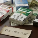 Cigarette packs on dollar bills with a note reading “The True Cost.”