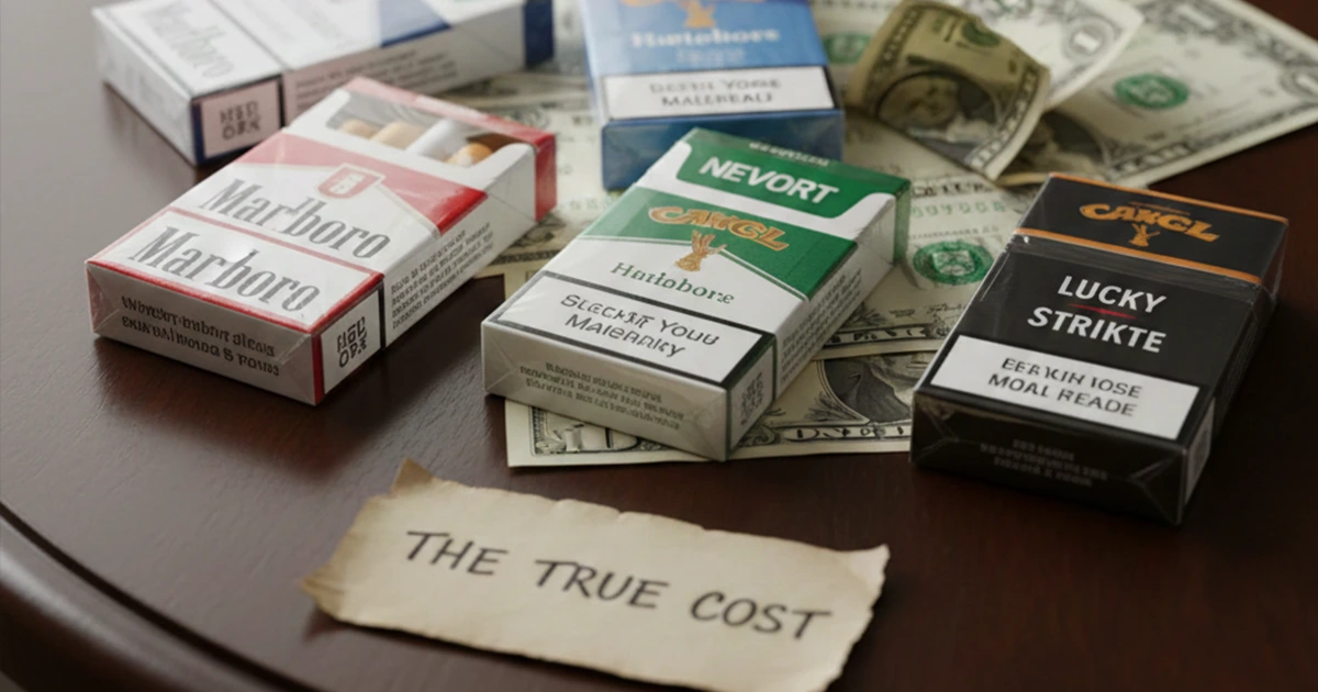 Cigarette packs on dollar bills with a note reading “The True Cost.”
