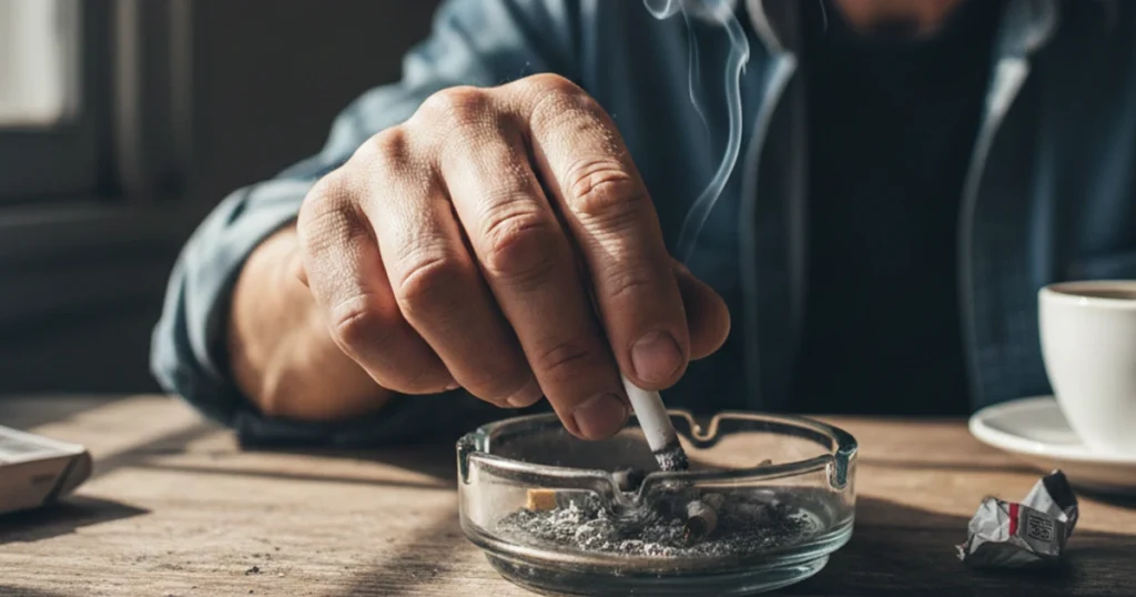 Hand extinguishing a cigarette in an ashtray.