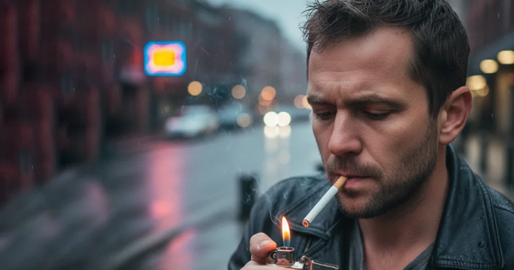 Man lighting a cigarette on a rainy street.
