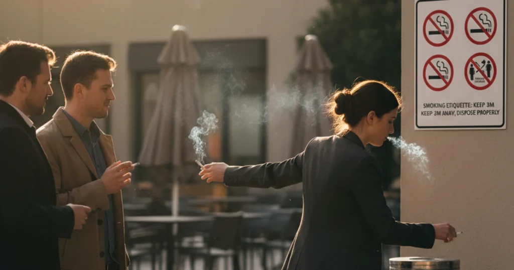 People smoking near a designated smoking area with etiquette signs.