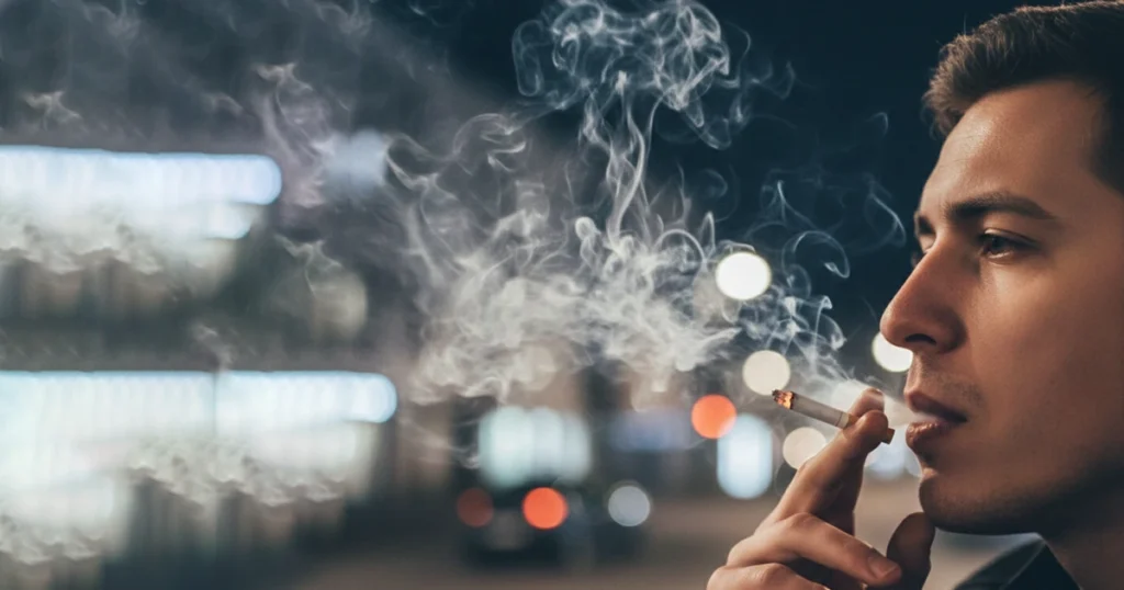 Man smoking a cigarette at night with smoke drifting upward.