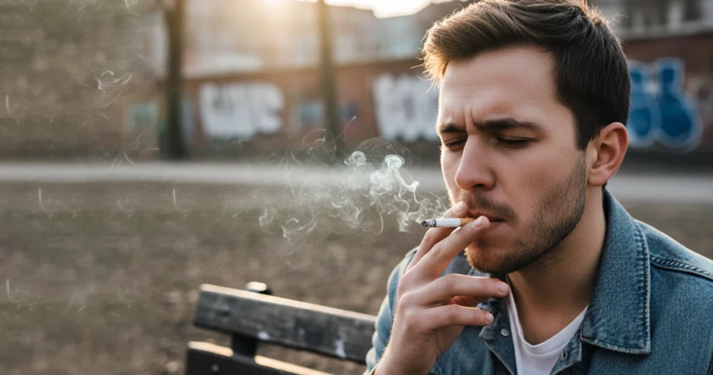 Man smoking outdoors on a bench.