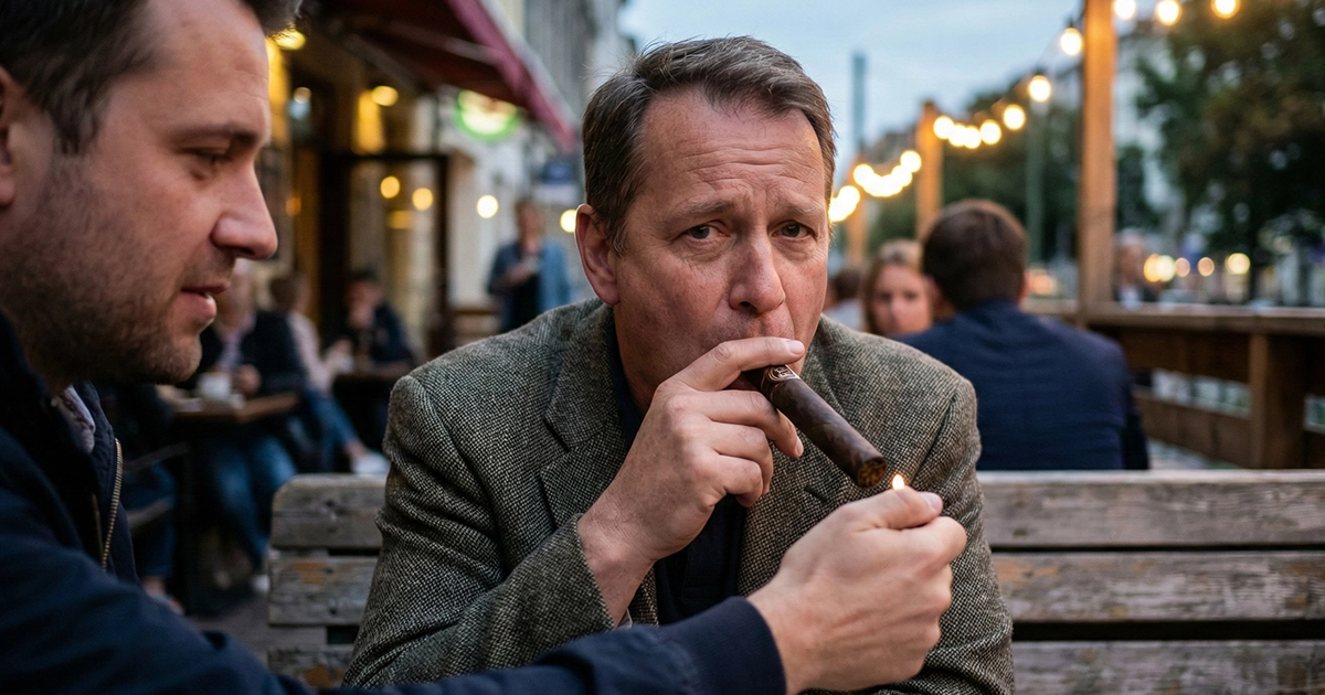 A man hesitantly puffing on a cigar while a friend lights it for him in an outdoor setting.