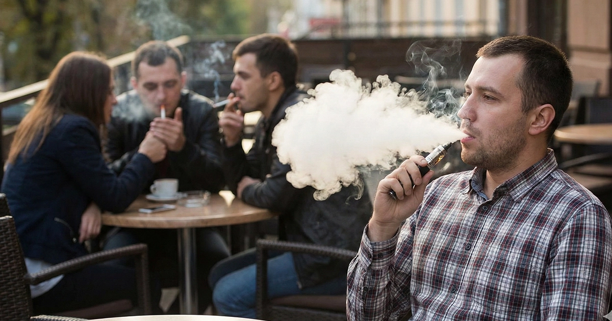 Man vaping at an outdoor café while others smoke in the background.