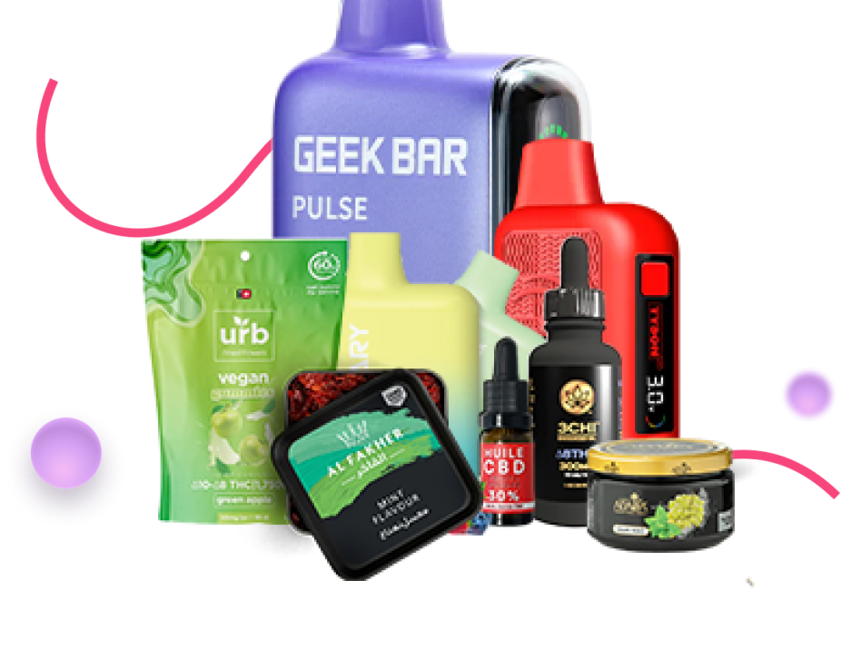 A vibrant assortment of packaged products, including a purple "Geek Bar," green vegan gummies, and CBD oil, set against a transparent background.