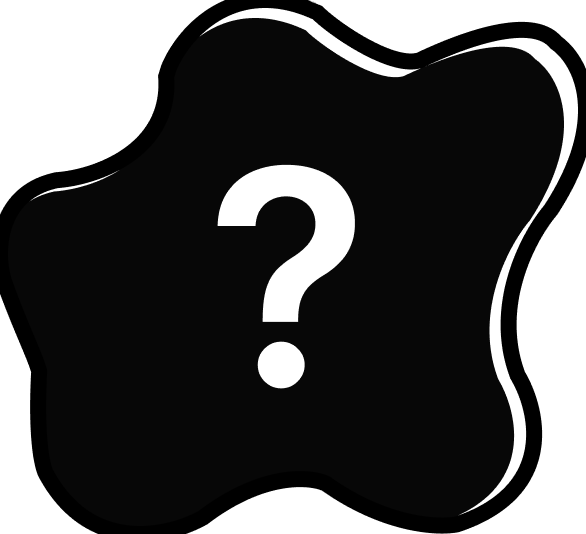 A bold question mark is centered within an irregular black shape on a transparent background.
