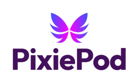 Logo of "PixiePod" featuring stylized purple butterfly wings above the bold, dark purple text.