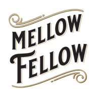 Stylized text reading "Mellow Fellow" in bold black font with gold flourishes, placed on a transparent checkered background