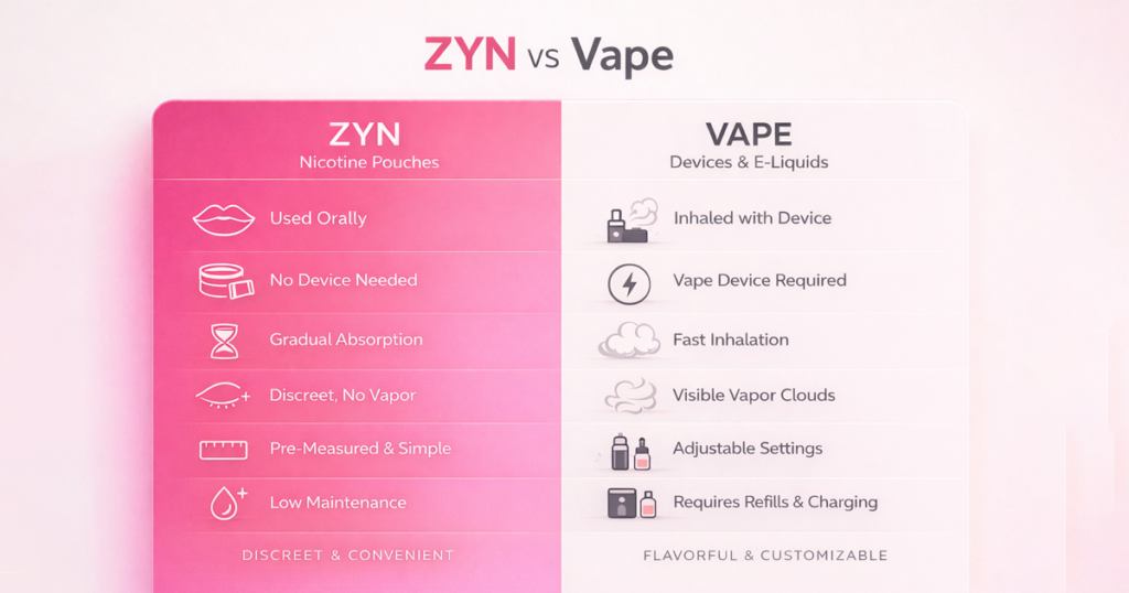 Comparison chart contrasting ZYN nicotine pouches with vaping devices.