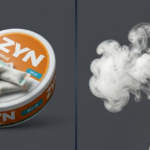 ZYN mint nicotine pouches beside a vaping device releasing vapor.