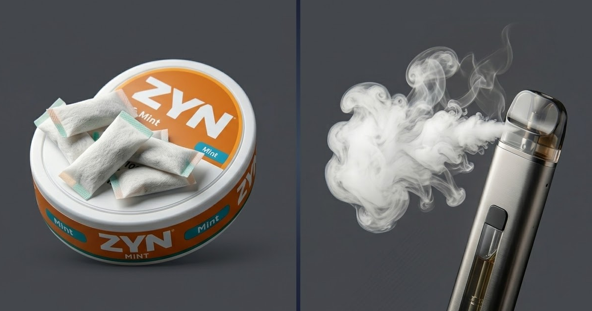 ZYN mint nicotine pouches beside a vaping device releasing vapor.