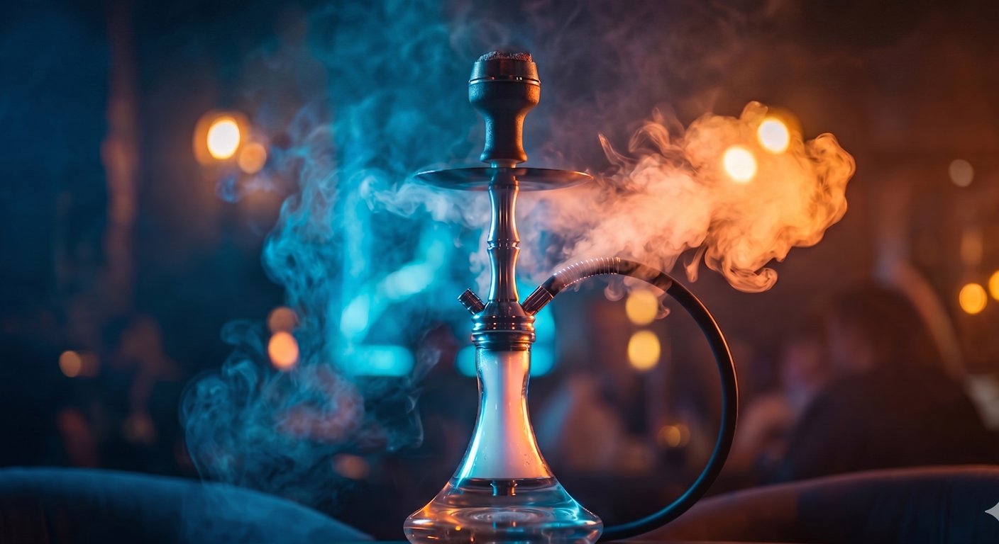 A glass and metal hookah sitting on a table, engulfed in thick, swirling smoke and illuminated by dramatic contrasting blue and orange lights.