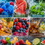 Colorful collage of popular vape flavors, shown as fruits, ice, mint, cola, and classic flavor ingredients.