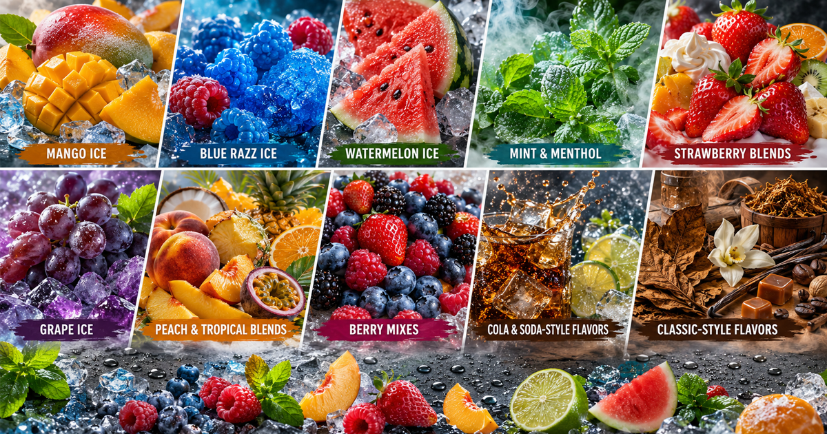 Colorful collage of popular vape flavors, shown as fruits, ice, mint, cola, and classic flavor ingredients.
