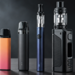 Vape devices displayed upright on a reflective table against a dark background.