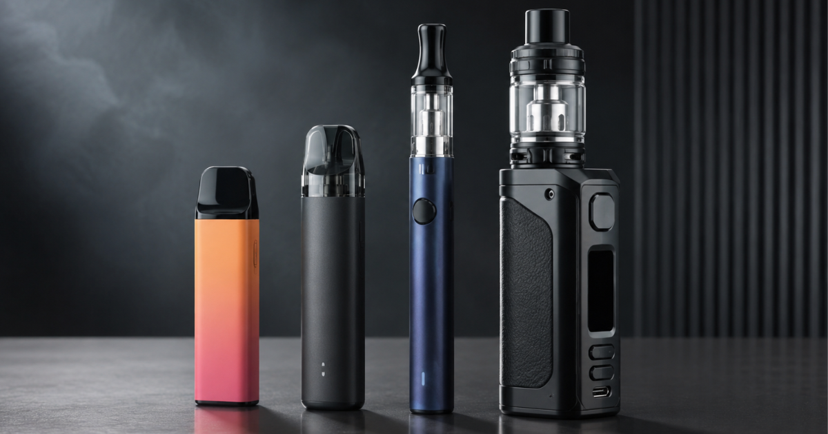 Vape devices displayed upright on a reflective table against a dark background.