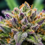 Close-up of a purple and green cannabis flower covered in trichomes.