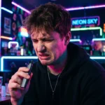 A young man with a grimacing expression holding a vape pen in a neon-lit lounge