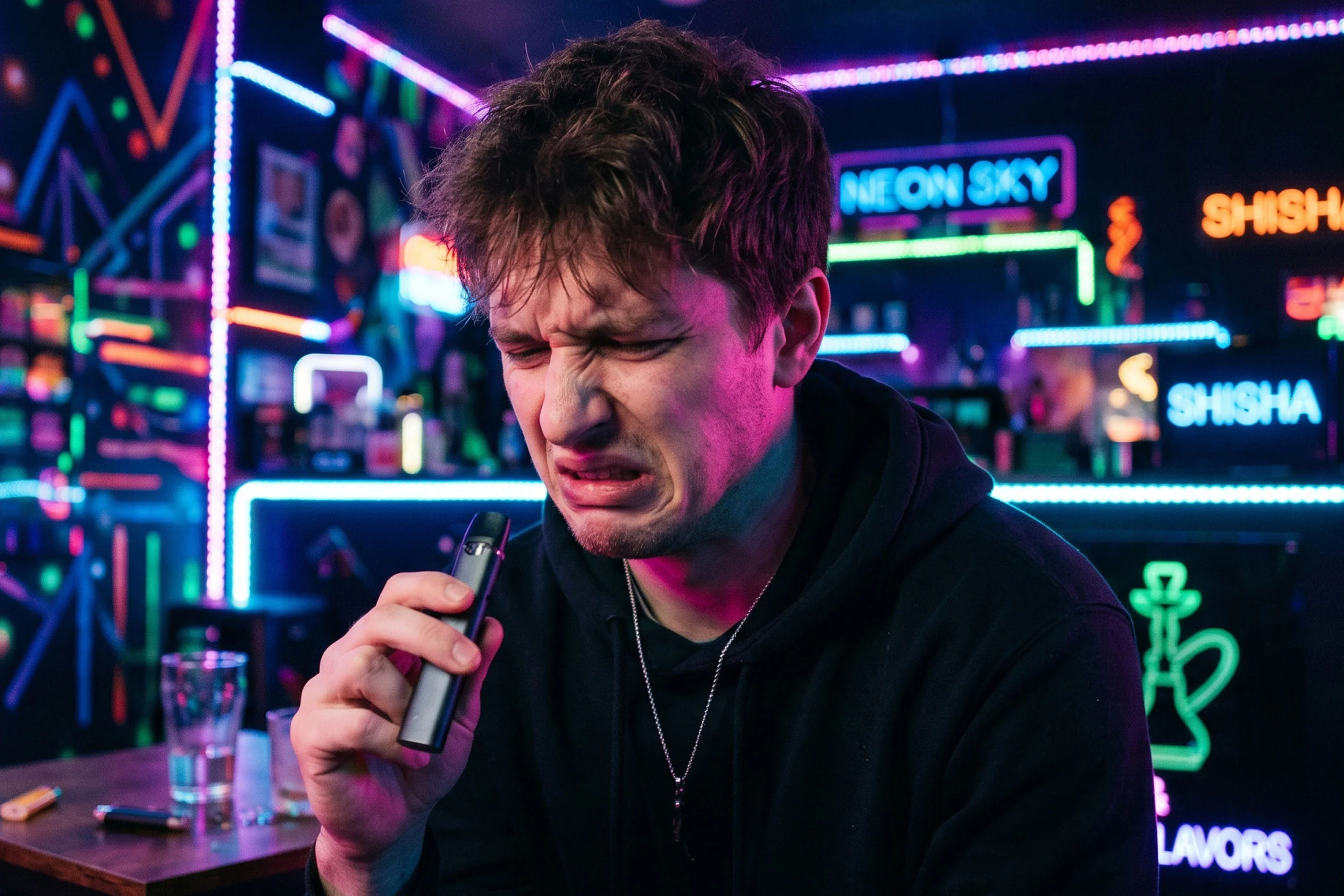 A young man with a grimacing expression holding a vape pen in a neon-lit lounge
