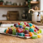 Colorful heap of sugary gummy candies on kitchen wooden table