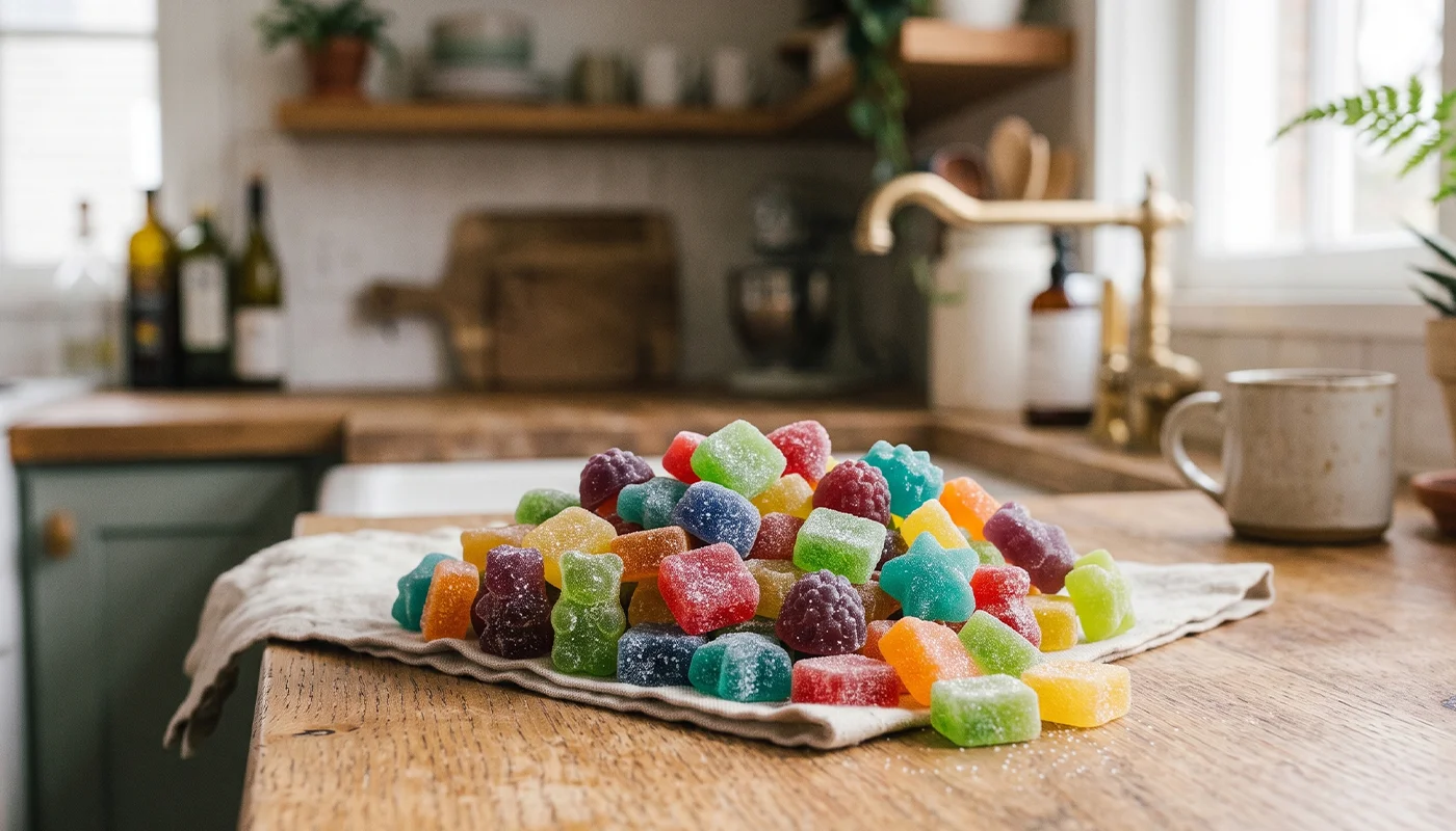 Colorful heap of sugary gummy candies on kitchen wooden table
