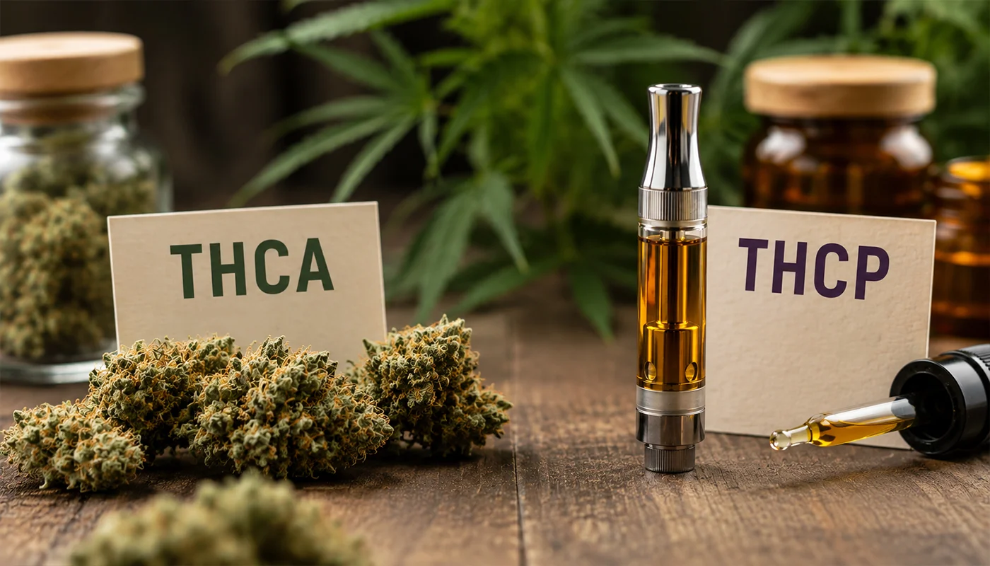 Cannabis flowers beside vape cartridge and text signs on wood